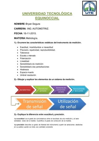 UNIVERSIDAD TECNOLÓGICA
EQUINOCCIAL
NOMBRE:Bryan Segura
CARRERA: ING. AUTOMOTRIZ.
FECHA: 16-11-2015.
MATERIA:Metrología.
1).- Enumere las características estáticas del instrumento de medición.
 Exactitud, incertidumbre e inexactitud
 Precisión, repetividad, reproductibilidad.
 Tolerancia
 Escala o intervalo
 Polarización
 Linealidad
 Sensibilidad a la medición
 Sensibilidad a las perturbaciones
 Histéresis
 Espacio muerto
 Umbral resolución
2).- Dibujar y explicar los elementos de un sistema de medición.
3).- Explique la diferencia entre exactitud y precisión.
-La exactitud es el grado de concordancia entre el resultado de una medición y el valor
verdadero (real) de lo medido. Cuantifica el grado de corrección de la medida.
-La precisión describe un grado de libertad del instrumento a partir de variaciones aleatorias
en su salida cuando se mide una cantidad constante
Variable fisica
Transductor
primario
Elementode
conversión
variable
Precesamiento
de la señal
Transmisión
de señal
Utilización
de señal
 