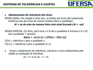  Afastamentos de referência dos furos
REGRA GERAL: Em relação à linha zero, os limites dos furos são exatamente
simétricos aos dos eixos de mesmo símbolo (letra e qualidade).
Ai = as do eixo da mesma letra com sinal trocado (Ai = -as)
REGRA ESPECIAL: D>3mm, para furos J a N até a qualidade 8 inclusive e P a ZC
até a qualidade 7 inclusive.
As(n) = -ai (n-1) + [IT(n) – IT(n-1)]
IT(n) = tolerância t para a qualidade n
IT(n-1) = tolerância t para a qualidade (n-1).
 Tendo o afastamento de referência, calcula-se o outro afastamento pela
adição ou subtração da tolerância.
as – t= ai ou As – t = Ai
SISTEMAS DE TOLERÂNCIAS E AJUSTES
 