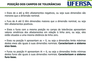 POSIÇÃO DOS CAMPOS DE TOLERÂNCIAS
• Eixos de a até g têm afastamentos negativos, ou seja suas dimensões são
menores que a dimensão nominal.
• Furo de A até G têm dimensões maiores que a dimensão nominal, ou seja
têm afastamentos positivos.
• Eixos e furos com a mesma posição no campo de tolerâncias apresentam
valores simétricos dos afastamentos em relação à linha zero, ou seja, eles
estão situados a uma mesma distância da linha zero.
• Eixos na posição h apresentam as = 0, ou seja a dimensões limite máximas
destes eixos são iguais à suas dimensões nominais. Caracterizam o sistema
eixo-base.
• Furos na posição H apresentam Ai = 0, ou seja a dimensões limite mínimas
destes furos são iguais à suas dimensões nominais. Caracterizam o sistema
furo-base.
 