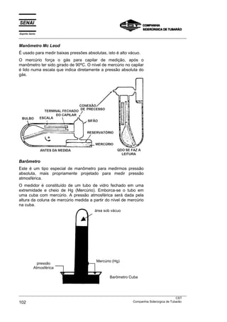 Espírito Santo
___________________________________________________________________________________________________

Manômetro Mc Leod
É usado para medir baixas pressões absolutas, isto é alto vácuo.
O mercúrio força o gás para capilar de medição, após o
manômetro ter sido girado de 90ºC. O nível de mercúrio no capilar
é lido numa escala que indica diretamente a pressão absoluta do
gás.




Barômetro
Este é um tipo especial de manômetro para medirmos pressão
absoluta, mais propriamente projetado para medir pressão
atmosférica.
O medidor é constituído de um tubo de vidro fechado em uma
extremidade e cheio de Hg (Mercúrio). Emborca-se o tubo em
uma cuba com mercúrio. A pressão atmosférica será dada pela
altura da coluna de mercúrio medida a partir do nível de mercúrio
na cuba.
                                            área sob vácuo




                                             Mercúrio (Hg)
              pressão
            Atmosférica

                                                     Barômetro Cuba



___________________________________________________________________________________________________
                                                                                               CST
102                                                                Companhia Siderúrgica de Tubarão
 