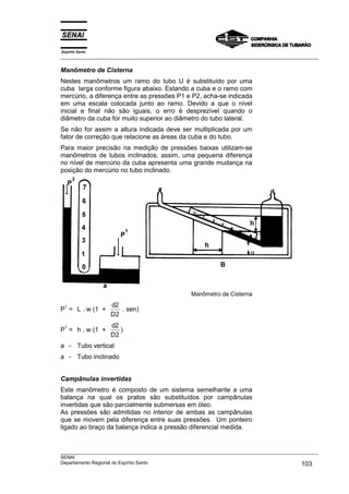 Espírito Santo
___________________________________________________________________________________________________

Manômetro de Cisterna
Nestes manômetros um ramo do tubo U é substituído por uma
cuba larga conforme figura abaixo. Estando a cuba e o ramo com
mercúrio, a diferença entre as pressões P1 e P2, acha-se indicada
em uma escala colocada junto ao ramo. Devido a que o nível
inicial e final não são iguais, o erro é desprezível quando o
diâmetro da cuba for muito superior ao diâmetro do tubo lateral.
Se não for assim a altura indicada deve ser multiplicada por um
fator de correção que relacione as áreas da cuba e do tubo.
Para maior precisão na medição de pressões baixas utilizam-se
manômetros de tubos inclinados; assim, uma pequena diferença
no nível de mercúrio da cuba apresenta uma grande mudança na
posição do mercúrio no tubo inclinado.




                                                                        α




                                                  Manômetro de Cisterna

 1                 d2
P = L . w (1 +        . sen)
                   D2
 1                 d2
P = h . w (1 +        )
                   D2
a - Tubo vertical
a - Tubo inclinado


Campânulas invertidas
Este manômetro é composto de um sistema semelhante a uma
balança na qual os pratos são substituídos por campânulas
invertidas que são parcialmente submersas em óleo.
As pressões são admitidas no interior de ambas as campânulas
que se movem pela diferença entre suas pressões. Um ponteiro
ligado ao braço da balança indica a pressão diferencial medida.


___________________________________________________________________________________________________
SENAI
Departamento Regional do Espírito Santo                                                     103
 