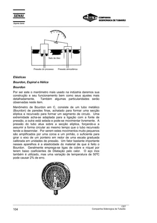 Espírito Santo
___________________________________________________________________________________________________




                               Selo de óleo




                 Pressão do processo    Pressão atmosférica


Elásticas
Bourdon, Espiral e Hélice
Bourdon
Por ser este o manômetro mais usado na indústria daremos sua
construção e seu funcionamento bem como seus ajustes mais
detalhadamente.     Também algumas particularidades serão
observadas neste item.
Manômetro de Bourdon em C, consiste de um tubo metálico
(Bourdon) de paredes finas, achatado para formar uma secção
elíptica e recurvado para formar um segmento de circulo. Uma
extremidade acha-se adaptada para a ligação com a fonte de
pressão, a outra está selada e pode-se movimentar livremente. A
pressão do tubo atua sobre a secção elíptica, forçando-a a
assumir a forma circular ao mesmo tempo que o tubo recurvado
tende a desenrolar. Por serem estes movimentos muito pequenos
são amplificados por uma coroa e um pinhão, o suficiente para
girar o eixo de um ponteiro em redor de uma escala graduada
calibrada em unidades de pressão. Um fator bastante importante
nesses aparelhos é a elasticidade do material de que é feito o
Bourdon. Geralmente emprega-se ligas de cobre e níquel por
terem baixo coeficientes de Dilatação pelo calor. O aço inox
também é utilizado, mas uma variação de temperatura de 50ºC
pode causar 2% de erro.




___________________________________________________________________________________________________
                                                                                               CST
104                                                                Companhia Siderúrgica de Tubarão
 