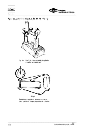 Espírito Santo
___________________________________________________________________________________________________

Tipos de Aplicações (figs.8, 9, 10, 11, 12, 13 e 14)




                 Fig.8 - Relógio comparador adaptado
                         a mesa de medição




                                  Fig.9
                 Relógio comparador adaptado a arco
                 para medidas de espessuras de chapas




___________________________________________________________________________________________________
                                                                                               CST
118                                                                Companhia Siderúrgica de Tubarão
 