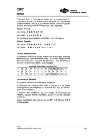 Espírito Santo
___________________________________________________________________________________________________

Observe a figura 3. O campo de tolerância nos furos vai tomando
posições de acordo com a letra. Isto se dá desde o A, que permite
o maior diâmetro, até o Z, que permite o menor. Para a posição H,
o menor diâmetro possível coincide com a cota nominais.
Ajustes móveis
para furos - A, B, C, D, E, F e G
para eixos - a, b, c, d, e, f e g
Os campos de tolerância H e h coincidem com a linha zero.
Ajustes forçados
para furos - J, K, M, N, P, R, S, T, U, V, X, Y e Z
para eixos - j, k, m, n, p, r, s, t, u, v, x, y e z


Grupos de dimensões
0 sistema de tolerância ISO foi criado para a produção de peças
intercambiáveis, com dimensões entre 1 a 500mm. Esses valores
foram reunidos em 13 grupos de dimensões, para simplificar o
sistema e tornar mais prática a sua utilização.
                      Grupos e dimensões em milímetros
  1       3      6    10   18   30   50   80   120 180 250 315 400
  a       a      a    a    a    a    a    a    a      a   a   a   a
  3       6      10   18   30   50   80   120 180 250 315 400 500


Qualidade de trabalho
É o grau de tolerância e acabamento das peças.
A qualidade de trabalho varia com a função que as peças
desempenham nos conjuntos ou máquinas e o tipo de trabalho
que a máquina realiza.
O sistema ISO estabelece, por essa razão, 16 qualidades de
trabalho, capazes de ser adaptadas a quaisquer tipo de produção
mecânica.
Essas qualidades são designadas por IT-1 a IT-16 (I de ISO; T
de tolerância).




___________________________________________________________________________________________________
SENAI
Departamento Regional do Espírito Santo                                                     135
 
