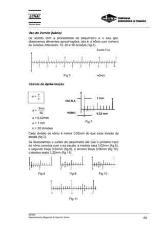 Espírito Santo
___________________________________________________________________________________________________

Uso do Vernier (Nônio)
De acordo com a procedência do paquímetro e o seu tipo,
observamos diferentes aproximações, isto é, o nônio com número
de divisões diferentes: 10, 20 e 50 divisões (fig.6).
                                                       Escala Fixa




                            Fig.6                      NÔNIO


Cálculo de Aproximação


           e
   a=
           n
                              ESCALA


           1mm
    a=
            50                 NÔNIO

    a = 0,02mm
    e = 1 mm                                  Fig.7

    n = 50 divisões
Cada divisão do nônio é menor 0,02mm do que cada divisão da
escala (fig.7).
Se deslocarmos o cursor do paquímetro até que o primeiro traço
do nônio coincida com o da escala, a medida será 0,02mm (fig.8),
o segundo traço 0,04mm (fig.9), o terceiro traço 0,06mm (fig.10),
o decimo sexto 0,32mm (fig.11).




           Fig.8                 Fig.9                   Fig.10




                                 Fig.11



___________________________________________________________________________________________________
SENAI
Departamento Regional do Espírito Santo                                                       49
 