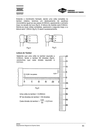 Espírito Santo
___________________________________________________________________________________________________

Estando o micrômetro fechado, dando uma volta completa no
tambor rotativo, teremos um deslocamento do parafuso
micrométrico igual ao seu passo (0,50mm), aparecendo o primeiro
traço na escala da luva (fig.4). A leitura da medida será 0,50mm.
Dando-se duas voltas completas, aparecerá o segundo traço, e a
leitura será 1,00mm (fig.5). E assim sucessivamente.




                 Fig.4                             Fig.5


Leitura do Tambor
Sabendo que uma volta no tambor equivale a
0,50mm, tendo o tambor 50 divisões (fig.6),
concluímos que cada divisão equivale a
0,01mm.




                          Fig.6


      Uma volta no tambor = 0,050mm
      Nº de divisões do tambor = 50 divisões
                                  0,50
      Cada divisão do tambor =         = 0,01mm
                                   50




___________________________________________________________________________________________________
SENAI
Departamento Regional do Espírito Santo                                                       83
 