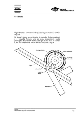 Espírito Santo
___________________________________________________________________________________________________

Goniômetro




O goniômetro é um Instrumento que serve para medir ou verificar
ângulos.
Na figura 1, temos um goniômetro de precisão. O disco graduado
e o esquadro formam uma só peça, apresentando quatro
graduações de 0º a 90º. O articulador gira com o disco do vernier,
e, em sua extremidade, há um ressalto adaptável à régua.




___________________________________________________________________________________________________
SENAI
Departamento Regional do Espírito Santo                                                       93
 
