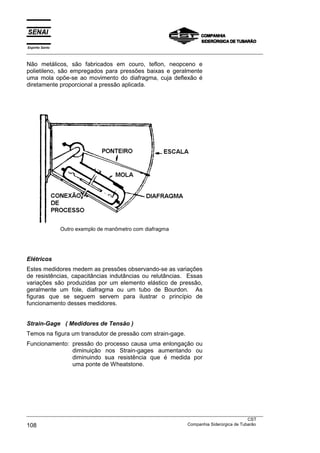 Espírito Santo
___________________________________________________________________________________________________

Não metálicos, são fabricados em couro, teflon, neopceno e
polietileno, são empregados para pressões baixas e geralmente
uma mola opõe-se ao movimento do diafragma, cuja deflexão é
diretamente proporcional a pressão aplicada.




                 Outro exemplo de manômetro com diafragma




Elétricos
Estes medidores medem as pressões observando-se as variações
de resistências, capacitâncias indutâncias ou relutâncias. Essas
variações são produzidas por um elemento elástico de pressão,
geralmente um fole, diafragma ou um tubo de Bourdon. As
figuras que se seguem servem para ilustrar o princípio de
funcionamento desses medidores.


Strain-Gage ( Medidores de Tensão )
Temos na figura um transdutor de pressão com strain-gage.
Funcionamento: pressão do processo causa uma enlongação ou
               diminuição nos Strain-gages aumentando ou
               diminuindo sua resistência que é medida por
               uma ponte de Wheatstone.




___________________________________________________________________________________________________
                                                                                               CST
108                                                                Companhia Siderúrgica de Tubarão
 