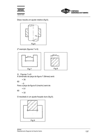 Espírito Santo
___________________________________________________________________________________________________

Disso resulta um ajuste rotativo (fig.6).




                     Fig.6

2º exemplo (figuras 7 e 8)




                 Fig.7                           Fig.8


2) Figuras 7 e 8
A dimensão da peça da figura 7 (fêmea) será:
         + 30
60
     -0
Para a peça da figura 8 (macho) será de:
         + 51
60
         + 32

O resultado é um ajuste forçado duro (fig.9).




                    Fig.9



___________________________________________________________________________________________________
SENAI
Departamento Regional do Espírito Santo                                                     137
 