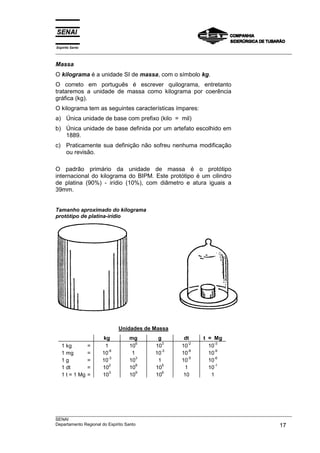 Espírito Santo
___________________________________________________________________________________________________

Massa
O kilograma é a unidade SI de massa, com o símbolo kg.
O correto em português é escrever quilograma, entretanto
trataremos a unidade de massa como kilograma por coerência
gráfica (kg).
O kilograma tem as seguintes características ímpares:
a) Única unidade de base com prefixo (kilo = mil)
b) Única unidade de base definida por um artefato escolhido em
   1889.
c) Praticamente sua definição não sofreu nenhuma modificação
   ou revisão.

O padrão primário da unidade de massa é o protótipo
internacional do kilograma do BIPM. Este protótipo é um cilindro
de platina (90%) - irídio (10%), com diâmetro e atura iguais a
39mm.


Tamanho aproximado do kilograma
protótipo de platina-irídio




                            Unidades de Massa
                     kg        mg         g          dt      t = Mg
                                  6         3          -2        -3
   1 kg          =    1        10        10         10         10
                       -6                  -3          -8        -9
   1 mg          =   10         1        10         10         10
                       -3         3                    -5        -6
   1g            =   10        10         1         10         10
                        2         8         5                    -1
   1 dt          =   10        10        10           1        10
                        3         9         6
   1 t = 1 Mg    =   10        10        10          10         1




___________________________________________________________________________________________________
SENAI
Departamento Regional do Espírito Santo                                                       17
 