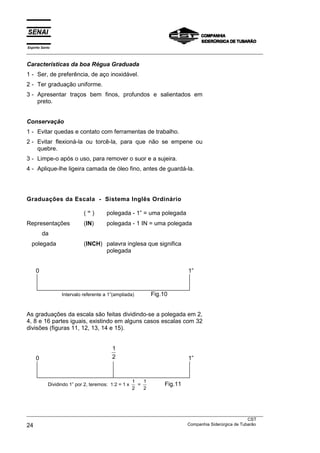 Espírito Santo
___________________________________________________________________________________________________

Características da boa Régua Graduada
1 - Ser, de preferência, de aço inoxidável.
2 - Ter graduação uniforme.
3 - Apresentar traços bem finos, profundos e salientados em
    preto.


Conservação
1 - Evitar quedas e contato com ferramentas de trabalho.
2 - Evitar flexioná-la ou torcê-la, para que não se empene ou
    quebre.
3 - Limpe-o após o uso, para remover o suor e a sujeira.
4 - Aplique-lhe ligeira camada de óleo fino, antes de guardá-la.




Graduações da Escala - Sistema Inglês Ordinário

                            (“)        polegada - 1” = uma polegada
Representações              (IN)       polegada - 1 IN = uma polegada
         da
  polegada                  (INCH) palavra inglesa que significa
                                   polegada


     0                                                                     1”


                  Intervalo referente a 1”(ampliada)         Fig.10


As graduações da escala são feitas dividindo-se a polegada em 2,
4, 8 e 16 partes iguais, existindo em alguns casos escalas com 32
divisões (figuras 11, 12, 13, 14 e 15).


                                          1
     0                                    2                                1”


                                                     1   1
            Dividindo 1” por 2, teremos: 1:2 = 1 x     =          Fig.11
                                                     2   2




___________________________________________________________________________________________________
                                                                                               CST
24                                                                 Companhia Siderúrgica de Tubarão
 