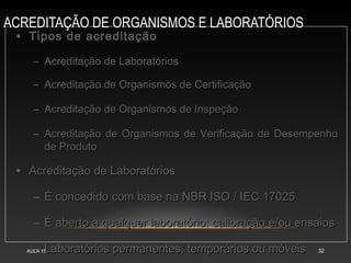 ACREDITAÇÃO DE ORGANISMOS E LABORATÓRIOS
AULA 15 32
• Tipos de acreditaçãoTipos de acreditação
– Acreditação de LaboratóriosAcreditação de Laboratórios
– Acreditação de Organismos de CertificaçãoAcreditação de Organismos de Certificação
– Acreditação de Organismos de InspeçãoAcreditação de Organismos de Inspeção
– Acreditação de Organismos de Verificação de DesempenhoAcreditação de Organismos de Verificação de Desempenho
de Produtode Produto
• Acreditação de LaboratóriosAcreditação de Laboratórios
– É concedido com base na NBR ISO / IEC 17025É concedido com base na NBR ISO / IEC 17025
– É aberto a qualquer laboratório: calibração e/ou ensaiosÉ aberto a qualquer laboratório: calibração e/ou ensaios
– Laboratórios permanentes, temporários ou móveisLaboratórios permanentes, temporários ou móveis
 