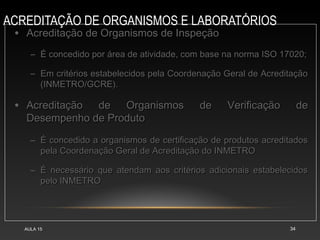 ACREDITAÇÃO DE ORGANISMOS E LABORATÓRIOS
AULA 15 34
• Acreditação de Organismos de InspeçãoAcreditação de Organismos de Inspeção
– É concedido por área de atividade, com base na norma ISO 17020;É concedido por área de atividade, com base na norma ISO 17020;
– Em critérios estabelecidos pela Coordenação Geral de AcreditaçãoEm critérios estabelecidos pela Coordenação Geral de Acreditação
(INMETRO/GCRE).(INMETRO/GCRE).
• Acreditação de Organismos de Verificação deAcreditação de Organismos de Verificação de
Desempenho de ProdutoDesempenho de Produto
– É concedido a organismos de certificação de produtos acreditadosÉ concedido a organismos de certificação de produtos acreditados
pela Coordenação Geral de Acreditação do INMETROpela Coordenação Geral de Acreditação do INMETRO
– É necessário que atendam aos critérios adicionais estabelecidosÉ necessário que atendam aos critérios adicionais estabelecidos
pelo INMETROpelo INMETRO
 