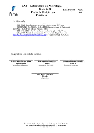 LAB – Laboratório de Metrologia
Relatório 02
Prática de Medição com
Paquímetro
PÁGINA
8/08
Data: 21/03/2018
Laboratório de Metrologia – Departamento de Engenharia de Produção
Rod. Duca Serra – Cabralzinho– Macapá, Brasil – CEP: 68906-801
Tel: (96) 2101-0400
7. Bibliografia
NBR 6393. Paquímetros com leitura de 0.1 mm e 0.05 mm.
ALBERTAZZI, A.; SOUZA, A. R. (2008) Fundamentos de Metrologia
Científica e Industrial. Editora Manole. 407p.
ISO 3599:1976. Vernier callipers reading to 0,1 and 0,05 mm
UFU, 2010 Tabela de densidades dos materiais Disponível em:<
ftp://ftp.feq.ufu.br/claudio/densidade2.pdf>. Acesso em 25 mar 2018.
Responsáveis pela medição e análise:
Elison Vinícius da Silva
Anunciação
Rik Alexandre Correia
Costa
Louise Oliveira Cerqueira
da Silva
Estudante Executor Estudante Executor Estudante Executor
Prof. Msc. Adenilson
Oliveira
Supervisor
 