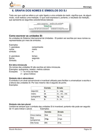 Metrologia
Mundo Mecânico Página 18
6. GRAFIA DOS NOMES E SÍMBOLOS DO S.I
Toda vez que você se refere a um valor ligado a uma unidade de medir, significa que, de algum
modo, você realizou uma medição. O que você expressa é, portanto, o resultado da medição,
que apresenta as seguintes características básicas:
Como escrever as unidades SI:
As unidades do Sistema Internacional de Unidades - SI podem ser escritas por seus nomes ou
representadas por meio de símbolos.
Exemplos:
1- grandeza: comprimento
nome: metro
símbolo: m
2- grandeza: tempo
Nome: segundo
Símbolo: s
Em letra minúscula
Os nomes das unidades SI são escritos em letra minúscula.
Exemplos: quilograma, newton, metros cúbicos
Exceções: 1 - no início da frase
2 – graus Celsius
Símbolo não é abreviatura:
O símbolo é um sinal convencional e invariável utilizado para facilitar e universalizar a escrita e
a leitura das unidades SI. Por isso mesmo não é seguido de ponto.
Exemplos:
Correto Errado
segundo: s s. ; seg.
metro: m m. ; mt. ; mtr.
quilograma: kg kg. ; kgr.
hora: h h. ; hr.
Símbolo não tem plural:
Lembre-se sempre que o símbolo das unidades SI é invariável; portanto não pode ser seguido
de "s" para indicar o plural. Exemplos:
Correto Errado
Cinco metros; 5 m 5 ms
Dois
quilogramas
2 kg 2 kgs
Oito horas 8 h 8 hs
 