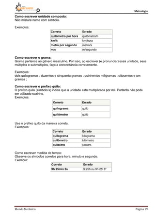 Metrologia
Mundo Mecânico Página 19
Como escrever unidade composta:
Não misture nome com símbolo.
Exemplos:
Correto Errado
quilômetro por hora quilômetro/h
km/h km/hora
metro por segundo metro/s
m/s m/segundo
Como escrever o grama:
Grama pertence ao gênero masculino. Por isso, ao escrever (e pronunciar) essa unidade, seus
múltiplos e submúltiplos, faça a concordância corretamente.
Exemplos:
dois quilogramas ; duzentos e cinquenta gramas ; quinhentos miligramas ; oitocentos e um
gramas ;
Como escrever o prefixo quilo:
O prefixo quilo (símbolo k) indica que a unidade está multiplicada por mil. Portanto não pode
ser utilizado sozinho.
Exemplos:
Correto Errado
quilograma quilo
quilômetro quilo
Use o prefixo quilo da maneira correta.
Exemplos:
Correto Errado
quilograma kilograma
quilômetro kilômetro
quilolitro kilolitro
Como escrever medida de tempo:
Observe os símbolos corretos para hora, minuto e segundo.
Exemplo:
Correto Errado
9h 25min 6s 9:25h ou 9h 25' 6"
 