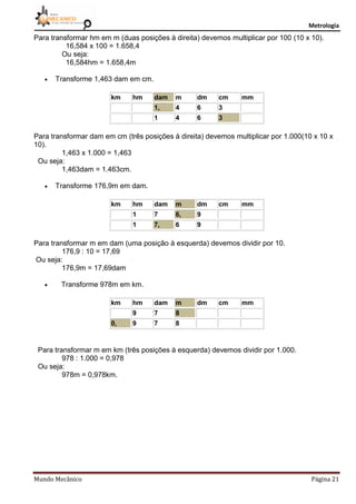 Metrologia
Mundo Mecânico Página 21
Para transformar hm em m (duas posições à direita) devemos multiplicar por 100 (10 x 10).
16,584 x 100 = 1.658,4
Ou seja:
16,584hm = 1.658,4m
 Transforme 1,463 dam em cm.
km hm dam m dm cm mm
1, 4 6 3
1 4 6 3
Para transformar dam em cm (três posições à direita) devemos multiplicar por 1.000(10 x 10 x
10).
1,463 x 1.000 = 1,463
Ou seja:
1,463dam = 1.463cm.
 Transforme 176,9m em dam.
km hm dam m dm cm mm
1 7 6, 9
1 7, 6 9
Para transformar m em dam (uma posição à esquerda) devemos dividir por 10.
176,9 : 10 = 17,69
Ou seja:
176,9m = 17,69dam
 Transforme 978m em km.
km hm dam m dm cm mm
9 7 8
0, 9 7 8
Para transformar m em km (três posições à esquerda) devemos dividir por 1.000.
978 : 1.000 = 0,978
Ou seja:
978m = 0,978km.
 