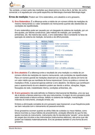 Metrologia
Mundo Mecânico Página 6
Na verdade, a maior parte das medições que observamos no dia a dia é, de fato, de cunho
comercial, e é regulada por uma parte específica da Metrologia chamada Metrologia legal.
Erros de medição: Podem ser: Erro sistemático, erro aleatório e erro grosseiro.
1) Erro Sistemático: É a diferença entre a média de um número infinito de medições do
mesmo mensurando e o valor verdadeiro do mensurando quando são obedecidas as
condições de repetitividade.
O erro sistemático pode ser causado por um desgaste do sistema de medição, por um
dos ajustes, por fatores construtivos, pelo método de medição, por condições
ambientais, etc. Na maioria das vezes, o erro sistemático não é constante na faixa de
operação do sistema de medição, tornando-o de difícil previsão.
Xi RESULTADO
Valor verdadeiro
convencionado
V V C = 10 unidades
Média das medições
X = 9,995
Erro sistemático
ES = X – VVC
ES = - 0,005 unidades
1ª Medição X1 10,050
2ª Medição X2 9,970
3ª Medição X3 10,020
4ª Medição X4 10,020
5ª Medição X5 9,950
6ª Medição X6 9,900
7ª Medição X7 10,100
8ª Medição X8 10,010
9ª Medição X9 10,020
10ª Medição X10 9,910
Média X 9,995
2) Erro aleatório: É a diferença entre o resultado de uma medição e a média de um
número infinito de medições do mesmo mensurando, sob condições de repetitividade.
Para um número grande de medições observam-se variações de valores em torno de
um valor médio que se manifesta de forma imprevisível. Como na prática o número de
medições é finito, é possível apenas estimar o erro aleatório. Os fatores que contribuem
para o aparecimento do erro aleatório podem ser devido a atritos, vibrações, folgas,
flutuações de rede, instabilidade interna, condições ambientais, etc.
3) O erro grosseiro não está definido no Sistema Internacional de Medidas, uma vez que
ele é devido a fatores externos e não aos instrumentos. A origem do erro grosseiro pode
estar relacionada a leitura errônea, defeito no sistema de medição, manipulação
indevida do instrumento, anotação errada, etc.
Embora a eliminação completa do erro grosseiro seja impossível, a sua frequência pode
ser bem reduzida com o treinamento do pessoal envolvido.
Erros grosseiros ocorrem quando se atribui falta de cuidados ou maus hábitos, como
leitura incorreta ou maus hábitos de procedimento, anotação diferente do que foi lido,
ajuste incorreto do instrumento, instrumento não foi devidamente “zerado”, erros devido
às cargas dos circuitos e dos instrumentos (instrumentos elétricos), são erros que não
podem ser tratados matematicamente. Erro de paralaxe também é uma forma de erro
grosseiro.
 