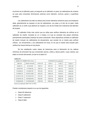 8


el primero es el calibrador pasa y el segundo es el calibrador no pasa, los calibradores de contacto
se usan para comprobar dimensiones externas como diámetro, anchura, grosor y superficies
similares.

        Los calibradores de anillo se utilizan para revisar diámetros cilíndricos para una ampliación
dada, generalmente se requiere un par de calibradores, uno pasa y el otro de no pasa. Cada
calibrador es un anillo cuya abertura se maquila a uno de los límites de la tolerancia del diámetro
de la pieza.

        El calibrador límite más común que se utiliza para verificar diámetros de orificios es el
calibrador de inserto. Consiste en un a manija a la cual se conectan dos piezas cilíndricas
precisamente acentuadas (insertos) de acero endurecido. Otros dispositivos similares al calibrador
de inserto incluyen los calibradores de ahusamiento, que constan de un inserto para verificar
orificios con ahusamiento; y los calibradores de rosca, en los que el inserto esta roscado para
verificar las roscas internas en las piezas.

        Se han establecido cuatro clases de tolerancias para la fabricación de los calibres
cilíndricos de dimensión fija que comprenden pernos, anillos y discos patrón, cuyos valores, que
están en función del tamaño, se dan en la tabla 4.6.




Pueden considerarse respecto a su uso los siguientes:

       Clase XX referencia
       Clase X calibración
       Clase Y inspección
       Clase Z taller
 