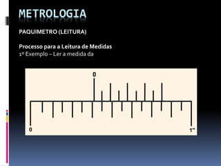 METROLOGIA
PAQUIMETRO (LEITURA)
Processo para a Leitura de Medidas
1º Exemplo – Ler a medida da
 