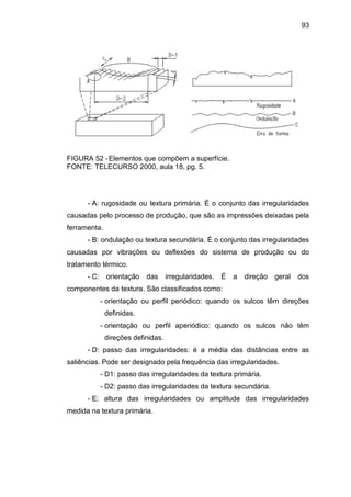 93
FIGURA 52 -Elementos que compõem a superfície.
FONTE: TELECURSO 2000, aula 18, pg. 5.
- A: rugosidade ou textura primária. É o conjunto das irregularidades
causadas pelo processo de produção, que são as impressões deixadas pela
ferramenta.
- B: ondulação ou textura secundária. É o conjunto das irregularidades
causadas por vibrações ou deflexões do sistema de produção ou do
tratamento térmico.
- C: orientação das irregularidades. É a direção geral dos
componentes da textura. São classificados como:
- orientação ou perfil periódico: quando os sulcos têm direções
definidas.
- orientação ou perfil aperiódico: quando os sulcos não têm
direções definidas.
- D: passo das irregularidades: é a média das distâncias entre as
saliências. Pode ser designado pela frequência das irregularidades.
- D1: passo das irregularidades da textura primária.
- D2: passo das irregularidades da textura secundária.
- E: altura das irregularidades ou amplitude das irregularidades
medida na textura primária.
 