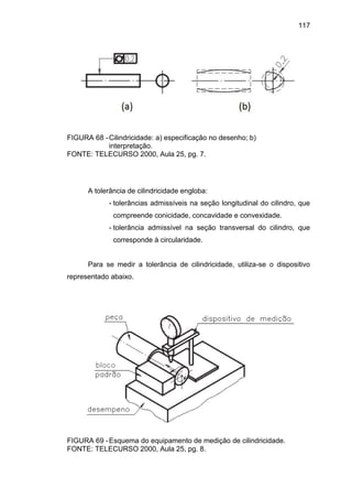 117
FIGURA 68 -Cilindricidade: a) especificação no desenho; b)
interpretação.
FONTE: TELECURSO 2000, Aula 25, pg. 7.
A tolerância de cilindricidade engloba:
- tolerâncias admissíveis na seção longitudinal do cilindro, que
compreende conicidade, concavidade e convexidade.
- tolerância admissível na seção transversal do cilindro, que
corresponde à circularidade.
Para se medir a tolerância de cilindricidade, utiliza-se o dispositivo
representado abaixo.
FIGURA 69 -Esquema do equipamento de medição de cilindricidade.
FONTE: TELECURSO 2000, Aula 25, pg. 8.
 