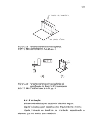 123
FIGURA 78 -Perpendicularismo entre dois planos.
FONTE: TELECURSO 2000, Aula 26, pg. 4.
FIGURA 79 -Perpendicularismo entre dois planos: a)
especificação do desenho; b) interpretação.
FONTE: TELECURSO 2000, Aula 26, pg. 5.
4.3.1.3 Inclinação.
Existem dois métodos para especificar tolerância angular:
a) pela variação angular, especificando o ângulo máximo e mínimo.
b) pela indicação de tolerância de orientação, especificando o
elemento que será medido e sua referência.
 