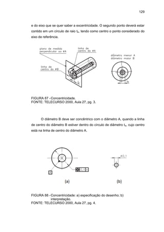 129
e do eixo que se quer saber a excentricidade. O segundo ponto deverá estar
contido em um círculo de raio te, tendo como centro o ponto considerado do
eixo de referência.
FIGURA 87 -Concentricidade.
FONTE: TELECURSO 2000, Aula 27, pg. 3.
O diâmetro B deve ser concêntrico com o diâmetro A, quando a linha
de centro do diâmetro B estiver dentro do círculo de diâmetro te, cujo centro
está na linha de centro do diâmetro A.
FIGURA 88 -Concentricidade: a) especificação do desenho; b)
interpretação.
FONTE: TELECURSO 2000, Aula 27, pg. 4.
 