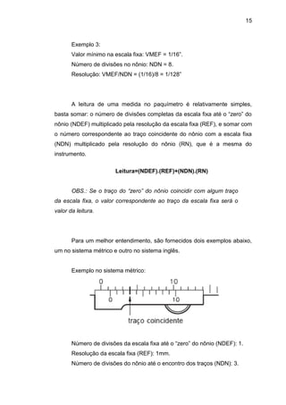 15
Exemplo 3:
Valor mínimo na escala fixa: VMEF = 1/16”.
Número de divisões no nônio: NDN = 8.
Resolução: VMEF/NDN = (1/16)/8 = 1/128”
A leitura de uma medida no paquímetro é relativamente simples,
basta somar: o número de divisões completas da escala fixa até o “zero” do
nônio (NDEF) multiplicado pela resolução da escala fixa (REF), e somar com
o número correspondente ao traço coincidente do nônio com a escala fixa
(NDN) multiplicado pela resolução do nônio (RN), que é a mesma do
instrumento.
Leitura=(NDEF).(REF)+(NDN).(RN)
OBS.: Se o traço do “zero” do nônio coincidir com algum traço
da escala fixa, o valor correspondente ao traço da escala fixa será o
valor da leitura.
Para um melhor entendimento, são fornecidos dois exemplos abaixo,
um no sistema métrico e outro no sistema inglês.
Exemplo no sistema métrico:
Número de divisões da escala fixa até o “zero” do nônio (NDEF): 1.
Resolução da escala fixa (REF): 1mm.
Número de divisões do nônio até o encontro dos traços (NDN): 3.
 
