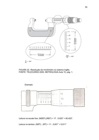 30
FIGURA 22 -Resolução de micrômetro no sistema inglês.
FONTE: TELECURSO 2000, METROLOGIA Aula 10, pág. 1.
Exemplo:
Leitura na escala fixa: (NDEF).(REF) = 17 . 0,025” = 60,425”.
Leitura no tambor: (NDT) . (RT) = 11 . 0,001” = 0,011”
 