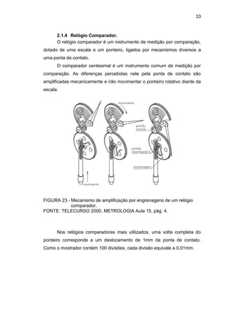 33
2.1.4 Relógio Comparador.
O relógio comparador é um instrumento de medição por comparação,
dotado de uma escala e um ponteiro, ligados por mecanismos diversos a
uma ponta de contato.
O comparador centesimal é um instrumento comum de medição por
comparação. As diferenças percebidas nele pela ponta de contato são
amplificadas mecanicamente e irão movimentar o ponteiro rotativo diante da
escala.
FIGURA 23 - Mecanismo de amplificação por engrenagens de um relógio
comparador.
FONTE: TELECURSO 2000, METROLOGIA Aula 15, pág. 4.
Nos relógios comparadores mais utilizados, uma volta completa do
ponteiro corresponde a um deslocamento de 1mm da ponta de contato.
Como o mostrador contém 100 divisões, cada divisão equivale a 0,01mm.
 