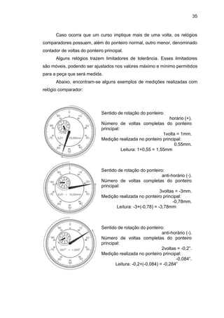 35
Caso ocorra que um curso implique mais de uma volta, os relógios
comparadores possuem, além do ponteiro normal, outro menor, denominado
contador de voltas do ponteiro principal.
Alguns relógios trazem limitadores de tolerância. Esses limitadores
são móveis, podendo ser ajustados nos valores máximo e mínimo permitidos
para a peça que será medida.
Abaixo, encontram-se alguns exemplos de medições realizadas com
relógio comparador:
Sentido de rotação do ponteiro:
horário (+).
Número de voltas completas do ponteiro
principal:
1volta = 1mm.
Medição realizada no ponteiro principal:
0,55mm.
Leitura: 1+0,55 = 1,55mm
Sentido de rotação do ponteiro:
anti-horário (-).
Número de voltas completas do ponteiro
principal:
3voltas = -3mm.
Medição realizada no ponteiro principal:
-0,78mm.
Leitura: -3+(-0,78) = -3,78mm
Sentido de rotação do ponteiro:
anti-horário (-).
Número de voltas completas do ponteiro
principal:
2voltas = -0,2”.
Medição realizada no ponteiro principal:
-0,084”.
Leitura: -0,2+(-0,084) = -0,284”
 