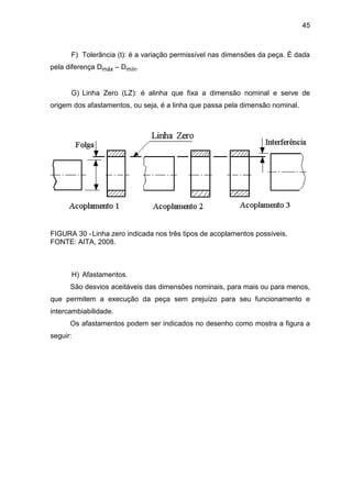 45
F) Tolerância (t): é a variação permissível nas dimensões da peça. É dada
pela diferença Dmáx – Dmín.
G) Linha Zero (LZ): é alinha que fixa a dimensão nominal e serve de
origem dos afastamentos, ou seja, é a linha que passa pela dimensão nominal.
FIGURA 30 -Linha zero indicada nos três tipos de acoplamentos possíveis.
FONTE: AITA, 2008.
H) Afastamentos.
São desvios aceitáveis das dimensões nominais, para mais ou para menos,
que permitem a execução da peça sem prejuízo para seu funcionamento e
intercambiabilidade.
Os afastamentos podem ser indicados no desenho como mostra a figura a
seguir:
 