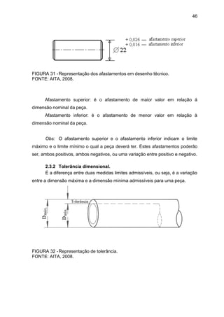 46
FIGURA 31 -Representação dos afastamentos em desenho técnico.
FONTE: AITA, 2008.
Afastamento superior: é o afastamento de maior valor em relação á
dimensão nominal da peça.
Afastamento inferior: é o afastamento de menor valor em relação à
dimensão nominal da peça.
Obs: O afastamento superior e o afastamento inferior indicam o limite
máximo e o limite mínimo o qual a peça deverá ter. Estes afastamentos poderão
ser, ambos positivos, ambos negativos, ou uma variação entre positivo e negativo.
2.3.2 Tolerância dimensional.
É a diferença entre duas medidas limites admissíveis, ou seja, é a variação
entre a dimensão máxima e a dimensão mínima admissíveis para uma peça.
FIGURA 32 -Representação de tolerância.
FONTE: AITA, 2008.
 