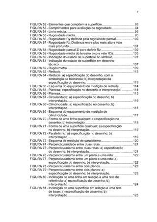 v
FIGURA 52 -Elementos que compõem a superfície.....................................93
FIGURA 53 -Comprimentos para avaliação de rugosidade..........................94
FIGURA 54 -Linha média. ............................................................................95
FIGURA 55 -Rugosidade média...................................................................95
FIGURA 56 -Rugosidade Ry definida pela rugosidade parcial...................100
FIGURA 57 -Rugosidade Rt. Distância entre pico mais alto e vale
mais profundo........................................................................101
FIGURA 58 -Rugosidade parcial Zi para definir Rz....................................102
FIGURA 59 -Rugosidade média do terceiro pico e vale R3z......................103
FIGURA 60 -Indicação do estado de superfície no símbolo.......................107
FIGURA 61 -Indicação do estado de superfície em desenho
técnico. ..................................................................................107
FIGURA 62 -Rugosímetro. .........................................................................109
FIGURA 63 -Retitude. ................................................................................113
FIGURA 64 -Retitude: a) especificação do desenho, com a
simbologia de tolerância; b) interpretação da
especificação do desenho. ....................................................113
FIGURA 65 -Esquema do equipamento de medição de retitude................114
FIGURA 65 -Planeza: especificação no desenho e interpretação..............114
FIGURA 66 -Planeza..................................................................................115
FIGURA 67 -Circularidade: a) especificação no desenho; b)
interpretação..........................................................................116
FIGURA 68 -Cilindricidade: a) especificação no desenho; b)
interpretação..........................................................................117
FIGURA 69 -Esquema do equipamento de medição de
cilindricidade..........................................................................117
FIGURA 70 -Forma de uma linha qualquer: a) especificação no
desenho; b) interpretação......................................................118
FIGURA 71 -Forma de uma superfície qualquer: a) especificação
no desenho; b) interpretação.................................................119
FIGURA 72 -Paralelismo: a) especificação no desenho; b)
interpretação..........................................................................119
FIGURA 73 -Esquema de medição de paralelismo....................................120
FIGURA 74 -Perpendicularidade entre duas retas .....................................121
FIGURA 75 -Perpendicularismo entre duas retas: a) especificação
do desenho; b) interpretação.................................................121
FIGURA 76 -Perpendicularismo entre um plano e uma reta. .....................122
FIGURA 77 -Perpendicularismo entre um plano e uma reta: a)
especificação do desenho; b) interpretação. .........................122
FIGURA 78 -Perpendicularismo entre dois planos.....................................123
FIGURA 79 -Perpendicularismo entre dois planos: a)
especificação do desenho; b) interpretação. .........................123
FIGURA 80 -Inclinação de uma linha em relação a uma reta de
referência: a) especificação do desenho; b)
interpretação..........................................................................124
FIGURA 81 -Inclinação de uma superfície em relação a uma reta
de base: a) especificação do desenho; b)
interpretação..........................................................................125
 