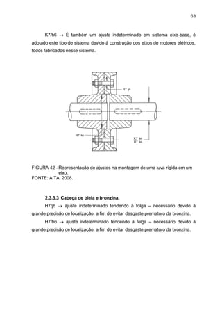 63
K7/h6  É também um ajuste indeterminado em sistema eixo-base, é
adotado este tipo de sistema devido à construção dos eixos de motores elétricos,
todos fabricados nesse sistema.
FIGURA 42 - Representação de ajustes na montagem de uma luva rígida em um
eixo.
FONTE: AITA, 2008.
2.3.5.3 Cabeça de biela e bronzina.
H7/j6  ajuste indeterminado tendendo à folga – necessário devido à
grande precisão de localização, a fim de evitar desgaste prematuro da bronzina.
H7/h6  ajuste indeterminado tendendo à folga – necessário devido à
grande precisão de localização, a fim de evitar desgaste prematuro da bronzina.
 