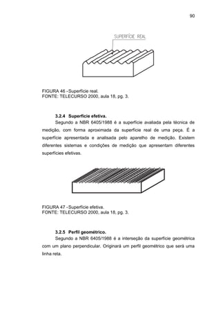 90
FIGURA 46 -Superfície real.
FONTE: TELECURSO 2000, aula 18, pg. 3.
3.2.4 Superfície efetiva.
Segundo a NBR 6405/1988 é a superfície avaliada pela técnica de
medição, com forma aproximada da superfície real de uma peça. É a
superfície apresentada e analisada pelo aparelho de medição. Existem
diferentes sistemas e condições de medição que apresentam diferentes
superfícies efetivas.
FIGURA 47 -Superfície efetiva.
FONTE: TELECURSO 2000, aula 18, pg. 3.
3.2.5 Perfil geométrico.
Segundo a NBR 6405/1988 é a interseção da superfície geométrica
com um plano perpendicular. Originará um perfil geométrico que será uma
linha reta.
 