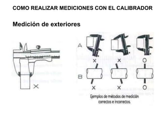 COMO REALIZAR MEDICIONES CON EL CALIBRADOR
Medición de exteriores
 