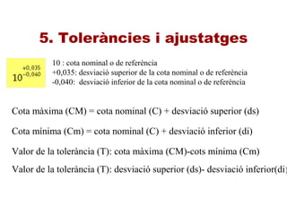 5. Toleràncies i ajustatges
10 : cota nominal o de referència
+0,035: desviació superior de la cota nominal o de referència
-0,040: desviació inferior de la cota nominal o de referència
Cota màxima (CM) = cota nominal (C) + desviació superior (ds)
Cota mínima (Cm) = cota nominal (C) + desviació inferior (di)
Valor de la tolerància (T): cota màxima (CM)-cots mínima (Cm)
Valor de la tolerància (T): desviació superior (ds)- desviació inferior(di)
 