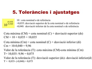 5. Toleràncies i ajustatges
10 : cota nominal o de referència
+0,035: desviació superior de la cota nominal o de referència
-0,040: desviació inferior de la cota nominal o de referència
Cota màxima (CM) = cota nominal (C) + desviació superior (ds)
CM = 10 + 0,035 = 10,035
Cota mínima (Cm) = cota nominal (C) + desviació inferior (di)
Cm = 10-0,040 = 9,96
Valor de la tolerància (T): cota màxima (CM)-cota mínima (Cm)
T= 10,035- 9,96 = 0,075
Valor de la tolerància (T): desviació superior (ds)- desviació inferior(di)
T = 0,035- (-0,040) = 0,075
 