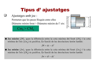 Tipus d’ ajustatges
 Ajustatges amb joc :
Permeten que les peces llisquin entre elles
Diàmetre mínim forat > Diàmetre màxim de l’ eix:
CmF > CME
 