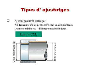 Tipus d’ ajustatges
 Ajustatges amb serratge:
No deixen moure les peces entre elles un cop muntades
Diàmetre mínim eix > Diàmetre màxim del forat
CmE > CMF
 