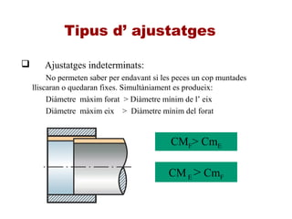 Tipus d’ ajustatges
 Ajustatges indeterminats:
No permeten saber per endavant si les peces un cop muntades
lliscaran o quedaran fixes. Simultàniament es produeix:
Diàmetre màxim forat > Diàmetre mínim de l’ eix
Diàmetre màxim eix > Diàmetre mínim del forat
CMF> CmE
CME > CmF
 