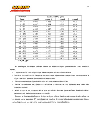 43
Na montagem dos blocos padrões devem ser adotados alguns procedimentos como mostrado
abaixo:
 Limpar os blocos com um pano que não solte pelos embebido com benzina
 Esticar os blocos sobre um pano que não solte pelos sobre uma superfície plana não absorvente e
pingar nele duas gotas de óleo lubrificante leve filtrado
 Passar suavemente a superfície de cada bloco na área úmida com óleo
 Limpar o excesso de óleo passando a superfície do bloco sobre uma região seca do pano, com
movimento em oito
 Aderir os blocos, em forma cruzada, e girar um sobre o outro até que suas faces fiquem alinhadas,
pressionado-os ligeiramente durante a operação
Quando se deseja estabelecer os limites máximo e mínimo da dimensão que se deseja calibrar ou
de acordo com a qualidade (IT) prevista para o trabalho, devem se feitas duas montagens de blocos.
A montagem pode ser regressiva ou progressiva conforme mostrado abaixo.
 