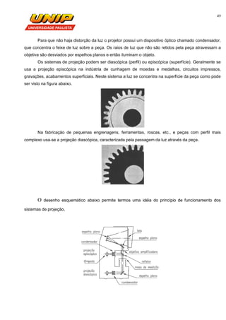 49
Para que não haja distorção da luz o projetor possui um dispositivo óptico chamado condensador,
que concentra o feixe de luz sobre a peça. Os raios de luz que não são retidos pela peça atravessam a
objetiva são desviados por espelhos planos e então iluminam o objeto.
Os sistemas de projeção podem ser diascópica (perfil) ou episcópica (superfície). Geralmente se
usa a projeção episcópica na indústria de cunhagem de moedas e medalhas, circuitos impressos,
gravações, acabamentos superficiais. Neste sistema a luz se concentra na superfície da peça como pode
ser visto na figura abaixo.
Na fabricação de pequenas engrenagens, ferramentas, roscas, etc., e peças com perfil mais
complexo usa-se a projeção diascópica, caracterizada pela passagem da luz através da peça.
O desenho esquemático abaixo permite termos uma idéia do princípio de funcionamento dos
sistemas de projeção.
 