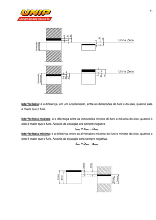 53
Interferência: é a diferença, em um acoplamento, entre as dimensões do furo e do eixo, quando este
é maior que o furo.
Interferência máxima: é a diferença entre as dimensões mínima do furo e máxima do eixo, quando o
eixo é maior que o furo. Através da equação era sempre negativa
Imáx. = dmin. – Dmáx.
Interferência mínima: é a diferença entre as dimensões máxima do furo e mínima do eixo, quando o
eixo é maior que o furo. Através da equação será sempre negativa.
Imin. = Dmáx. - dmim.
 