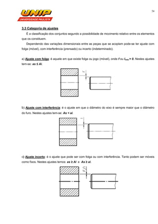 54
3.3 Categoria de ajustes
É a classificação dos conjuntos segundo a possibilidade de movimento relativo entre os elementos
que os constituem.
Dependendo das variações dimensionais entre as peças que se acoplam pode-se ter ajuste com
folga (móvel), com interferência (prensado) ou incerto (indeterminado).
a) Ajuste com folga: é aquele em que existe folga ou jogo (móvel), onde f ou Imáx.= 0. Nestes ajustes
tem-se: as ≤ Ai.
b) Ajuste com interferência: é o ajuste em que o diâmetro do eixo é sempre maior que o diâmetro
do furo. Nestes ajustes tem-se: As < ai.
c) Ajuste incerto: é o ajuste que pode ser com folga ou com interferência. Tanto podem ser móveis
como fixos. Nestes ajustes temos: as ≥ Ai e As ≥ ai.
 
