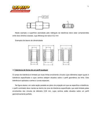 71
Neste exemplo a superfície assinalada pelo retângulo da tolerância deve estar compreendida
entre dois cilindros coaxiais, cuja diferença de raios é 0,2 mm
Exemplos de desvio de cilindricidade
d) Tolerância de forma de um perfil qualquer
O campo de tolerância é limitado por duas linhas envolvendo círculos cujos diâmetros sejam iguais à
tolerância especificada e cujos centros estejam situados sobre o perfil geométrico da linha. Esta
tolerância é aplicada a cames e curvas especiais.
Na figura abaixo, em cada seção paralela ao plano de projeção em que se especifica a tolerância,
o perfil controlado deve manter-se dentro da zona de tolerância especificada, que está limitada pelas
envolventes dos círculos de diâmetro 0,04 mm, cujos centros estão situados sobre um perfil
geometricamente perfeito.
 