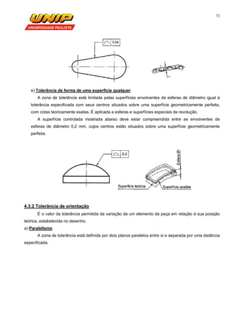 72
e) Tolerância de forma de uma superfície qualquer
A zona de tolerância está limitada pelas superfícies envolventes de esferas de diâmetro igual à
tolerância especificada com seus centros situados sobre uma superfície geometricamente perfeita,
com cotas teoricamente exatas. É aplicada a esferas e superfícies especiais de revolução.
A superfície controlada mostrada abaixo deve estar compreendida entre as envolventes de
esferas de diâmetro 0,2 mm, cujos centros estão situados sobre uma superfície geometricamente
perfeita.
4.3.2 Tolerância de orientação
É o valor da tolerância permitida da variação de um elemento da peça em relação à sua posição
teórica, estabelecida no desenho.
a) Paralelismo
A zona de tolerância está definida por dois planos paralelos entre si e separada por uma distância
especificada.
 