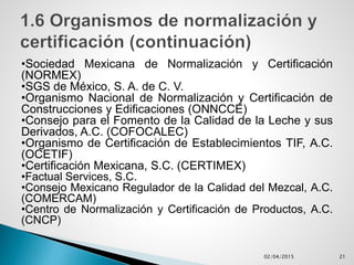 •Sociedad Mexicana de Normalización y Certificación
(NORMEX)
•SGS de México, S. A. de C. V.
•Organismo Nacional de Normalización y Certificación de
Construcciones y Edificaciones (ONNCCE)
•Consejo para el Fomento de la Calidad de la Leche y sus
Derivados, A.C. (COFOCALEC)
•Organismo de Certificación de Establecimientos TIF, A.C.
(OCETIF)
•Certificación Mexicana, S.C. (CERTIMEX)
•Factual Services, S.C.
•Consejo Mexicano Regulador de la Calidad del Mezcal, A.C.
(COMERCAM)
•Centro de Normalización y Certificación de Productos, A.C.
(CNCP)
02/04/2015 21
 
